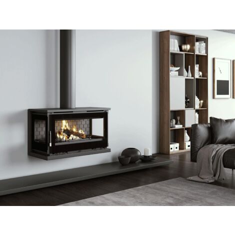 Fm Calefaccion – Poêle à bois ventilé 3 vitres – Puissance 13.3 kW – Rendement 81% – Évacuation des fumées supérieure – Foyer en vermiculite (1/4)