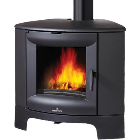Bronpi – Poêle à bois d'angle en fonte 12 kW BREMEN – Système triple combustion – Sortie des fumées supérieure – Pour bûches jusqu'à 46 cm