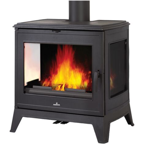 Bronpi – Poêle à bois en fonte 3 faces 14 kW – Foyer en fonte – Triple combustion – Sortie des fumées arrière/supérieure – Longueur bûche 60 cm