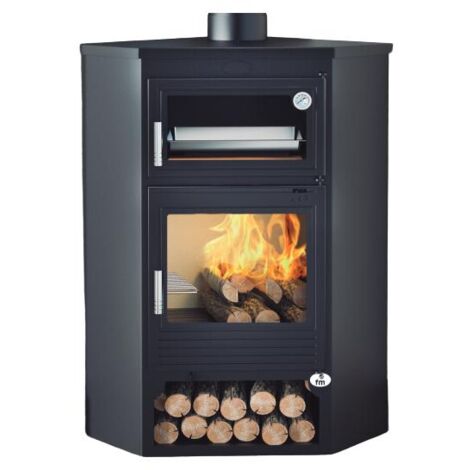 Fm Calefaccion – Poêle à bois d'angle avec four 11.3 kW – Puissance 15.1 kW – Rendement 75% – Évacuation supérieure – Acceptant bûches 50 cm