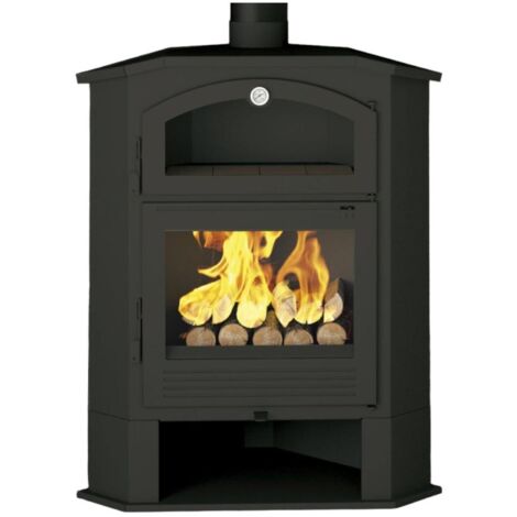 Fm Calefaccion – Poêle à bois d'angle avec four 9.5 kW – Système double combustion – Évacuation supérieure – Acceptant bûches jusqu'à 65 cm
