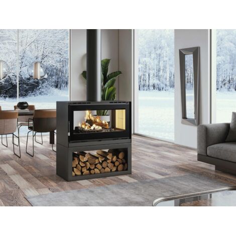 Fm Calefaccion – Poêle à bois double face 12.6 kW – Système double combustion – Rendement 81% – Évacuation supérieure – Pour bûches jusqu'à 62 cm