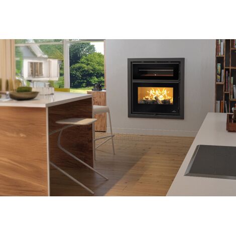 Insert à bois ventilé canalisable avec four - BRONPI Denver 15 kW Porte fonte - sans vitre sérigraphiée - Avec kit four inox