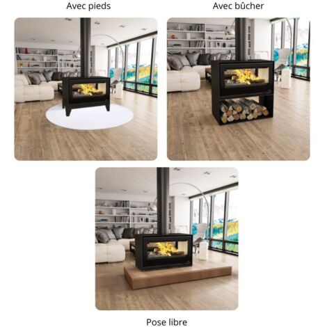 Poêle à bois double face - BRONPI Cairo 90-D Box 13 kW  Foyer en vermiculite - Avec kit ventilation - Avec pieds