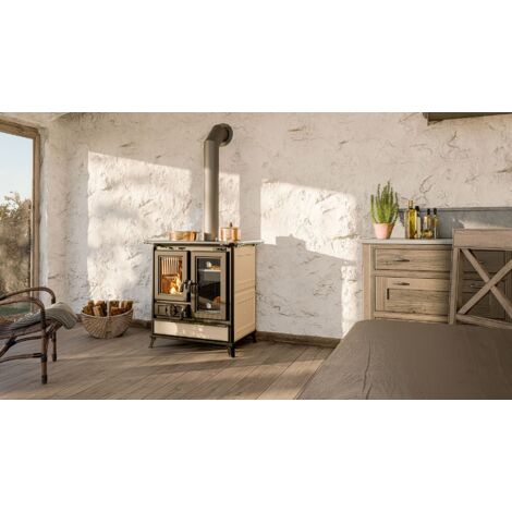 Cuisinière à bois en céramique - THERMOROSSI Melissa Evo Maiolica 8.2 kW  Ivoire - Avec 1 barre latérale