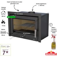 Bronpi – Insert cheminée à bois ventilé canalisable RIOJA 13 kW – 2 ventilateurs 160 m3/h – Sortie fumées 150 mm – Volume de chauffe 313 m³