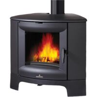 Bronpi – Poêle à bois d'angle en fonte BREMEN 12 kW – Puissance 12 kW – Triple combustion – Sortie des fumées supérieure – Pour bûches jusqu'à 46 cm