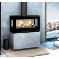 Poêle à bois moderne pose libre, suspendu, sur pieds, avec bûcher - BRONPI Cairo 903C Box 13 kW Avec kit air - Foyer en FIRETEK - Avec kit ventilation - Pose libre