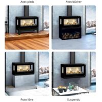 Poêle à bois moderne pose libre, suspendu, sur pieds, avec bûcher - BRONPI Cairo 903C Box 13 kW Avec kit air - Foyer en FIRETEK - Sans kit ventilation - Avec pieds