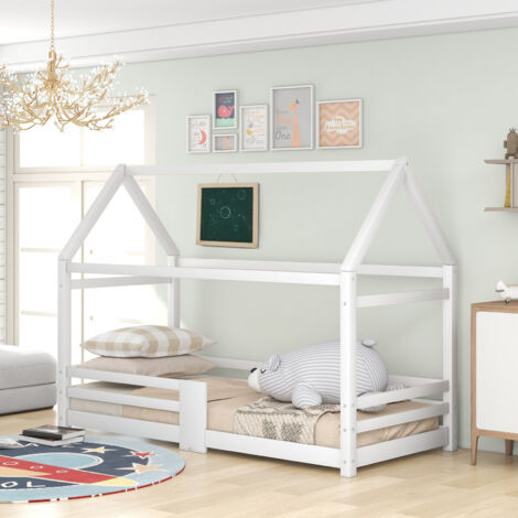Kinderbett Hausbett 90x200 cm Holzbett fürs Kinderzimmer mit Board Lattenrost Rausfallschutz aus Kiefernholz Weiß-B (1/5)