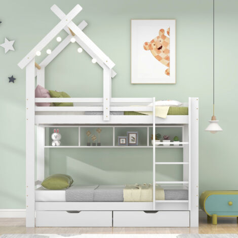 Etagenbett mit Schubladen und Regalen, Hochbett mit rechtwinkliger Leiter mit drei Stufen, Kinderbett mit Rausfallschutz und Gitter, Gestell aus Kiefernholz, weiß (90 x 200 cm) (1/5)