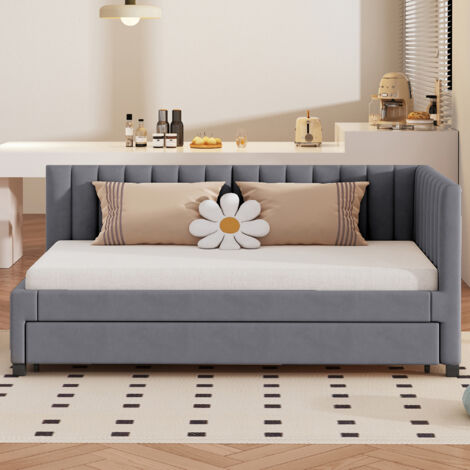 90×200 Polsterbett, Ausziehcouch, Multifunktionsbett mit Lattenrost, Jugendbetten, Kinderbetten, Beistellbetten, Samtstoff grau