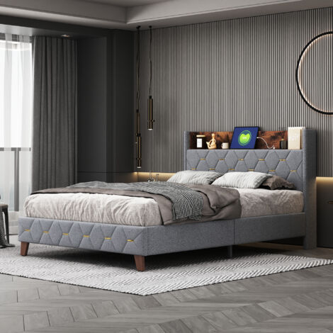 Doppelbett 140x200cm Mit LED Kopfteil & 4 Schubladen - Polsterbett Grau Leinen