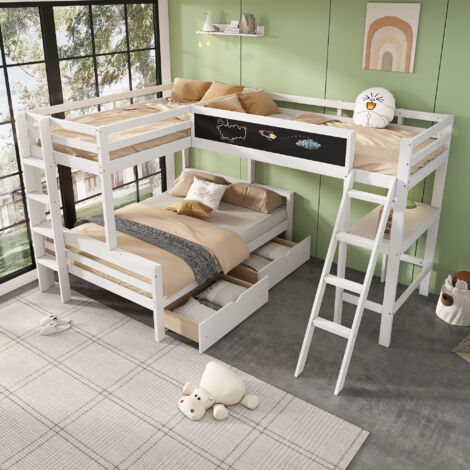 Hochbett für Kinder, im Kinderbett können drei Kinder schlafen, mit Schubladen, Kiefernholz, Etagenbett, Kinderbett mit Schreibtisch und Regal, 140200cm, 90200cm, weiß