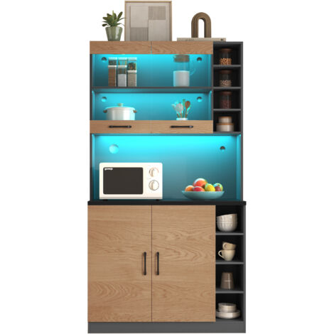 Küchenschrank Aus Holz (100x47x187 Cm) – Mit Glastüren, LED-Beleuchtung & Stauraum Für Mikrowelle