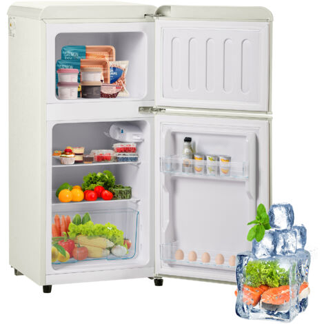 Retro-Kühlschrank. Gefrierkombination. 88,8 cm hoch, 45,5 cm breit, zwei Türen, mit einem Gesamtvolumen von 60 Litern, einem Gefriervolumen von 22 Litern. 102 kWh/Jahr, -27°C ∽ 13°C, LED-Beleuchtung.