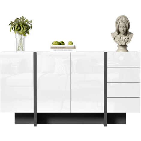 Hochglanzweißes Sideboard, modernes und schlichtes Sideboard mit 2 Türen und 4 Schubladen, leicht zu reinigen, ideal für das Wohn- oder Esszimmer (1/5)
