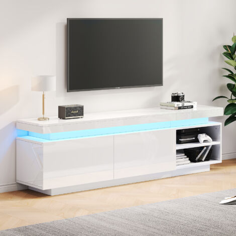 Moderner glänzender TV-Ständer mit LED-Beleuchtung, TV-Panel, TV-Schrank, geeignet für 75-Zoll-Fernseher, Tisch, Universalständer für Gaming-Mediengeräte, Schrank und großer Stauraum, weiß