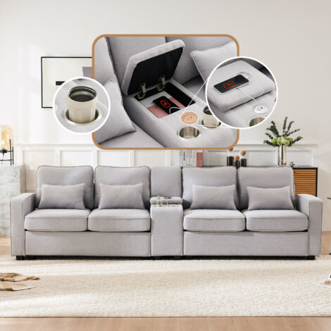 Modernes 4-Sitzer-Sofa aus Leinenstoff mit Konsole, 2 Getränkehaltern, 2 USB-Ladeanschlüssen mit Kabel, mit Armlehnentaschen und 4 Kissen, Einzelsofa für Wohnzimmer, Wohnung, Büro (1/5)