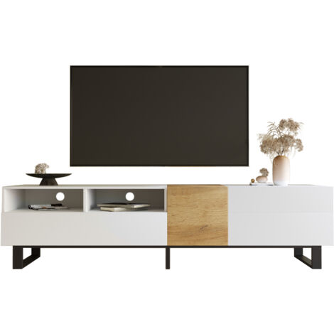 Moderner TV-Schrank, Weiß und Holzoptik, 180 x 50 x 38 cm, minimalistisches Design (1/5)