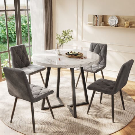 Runder Esstisch (1 Stück), Küchentisch mit einzigartigem Metallrahmen, moderner Esstisch mit Marmormuster, geeignet für Esszimmer, Wohnzimmer, Schwarz und Weiß