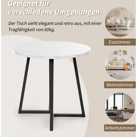 Runder Esstisch (1 Stück), Küchentisch mit einzigartigem Metallrahmen, moderner Esstisch mit Marmormuster, geeignet für Esszimmer, Wohnzimmer, Schwarz und Weiß