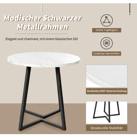 Runder Esstisch (1 Stück), Küchentisch mit einzigartigem Metallrahmen, moderner Esstisch mit Marmormuster, geeignet für Esszimmer, Wohnzimmer, Schwarz und Weiß