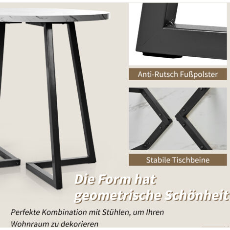 Runder Esstisch (1 Stück), Küchentisch mit einzigartigem Metallrahmen, moderner Esstisch mit Marmormuster, geeignet für Esszimmer, Wohnzimmer, Schwarz und Weiß