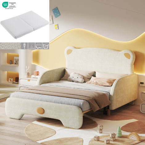 (Mit Matratze) Doppelbett in Teddybärform, Polsterbett, Kinderbett, Chaiselongue, Ausziehbett, mit weichen Schutzkanten, Holzlatten, Samt, Beige (140x110 cm und 140x200 cm), weiße Schaumstoffmatratze