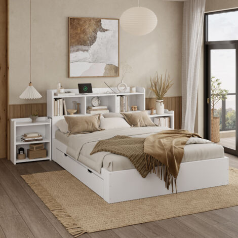 Bett mit Stauraum 140×200cm mit Kopfteil 2 Nachttische mit Ladefunktion (ohne Matratze)-MDF-Weiß (1/5)