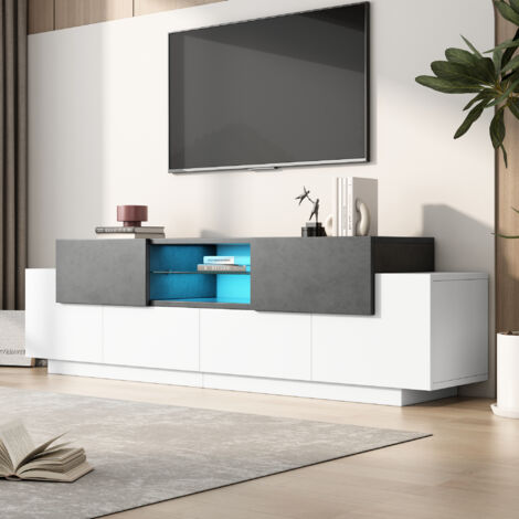 Meuble TV 180x40x45 cm moderne en panneau de particules blanc et gris avec étagères en verre et éclairage LED (1/5)