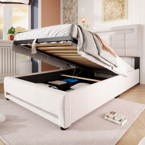 Einzelbett 90x200cm mit hydraulischem Stauraum, LED-Beleuchtung, beigefarbenem Leinenstoff (Matratze nicht im Lieferumfang enthalten) (1/5)
