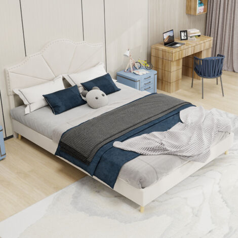 Lit double 140x200 cm tête de lit géométrique à clous tissu et métal beige (Sans matelas) (1/5)