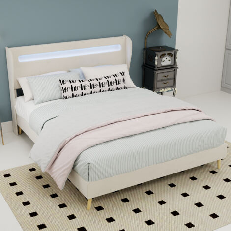 Lit double 140x200 cm Éclairage LED intégré Tissu et métal Tête de lit réglable Beige (Sans matelas) (1/5)