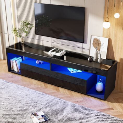 Meuble TV 180x40x46 cm noir avec éclairage LED 2 tiroirs compatible avec les téléviseurs de 70 pouces et moins (1/5)