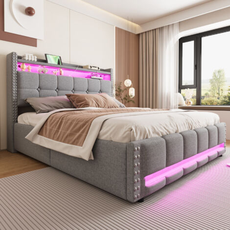 Bett mit Stauraum 160x200 cm mit LED-Beleuchtung und USB-Anschluss, Kopfteil aus Leinenstoff in Hellgrau (Matratze nicht im Lieferumfang enthalten) (1/5)
