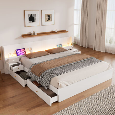 Doppelbett 180x200 cm, 2 Nachttische mit Schubladen, LED-Leuchte mit USB-Anschluss, weiß (Matratze nicht im Lieferumfang enthalten) (1/5)