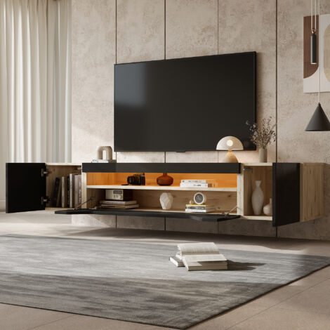 Meuble TV mural 180 x 37 x 36 cm suspendu façade brillante panneau de particules Noir et couleur naturelle (1/5)