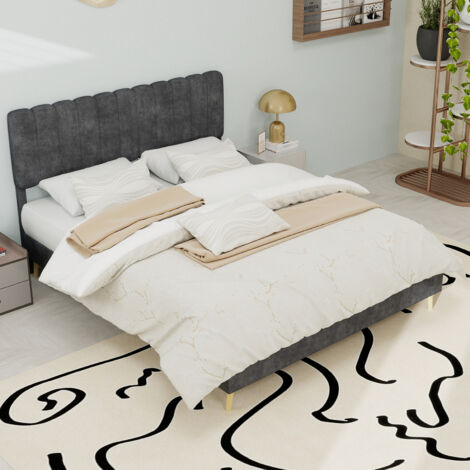 Lit double 140x200 cm Tête de lit rembourrée Tissu et métal Design confortable gris (Sans matelas) (1/5)