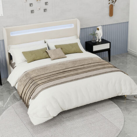 Lit double 160x200 cm éclairage LED immersif tissu et métal structure basse beige (Sans matelas) (1/5)