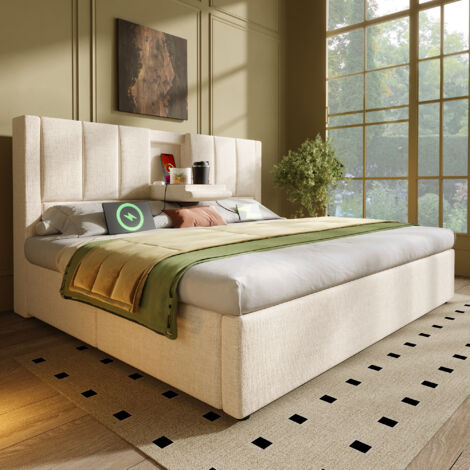 Lit coffre 140x190 cm avec porte-gobelets cachés et station de charge, sommier inclus, lin beige(Sans matelas) (1/5)