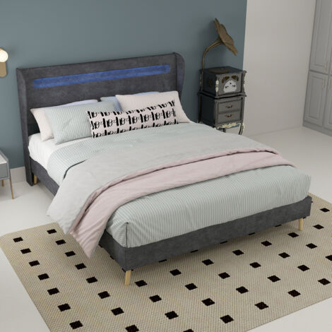 Lit double 140x200 cm avec éclairage LED intégré tête de lit réglable tissu et métal gris (Sans matelas) (1/5)