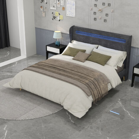 Lit double 160x200 cm tête de lit LED intégrée éclairage d'ambiance tissu et métal gris (Sans matelas) (1/5)