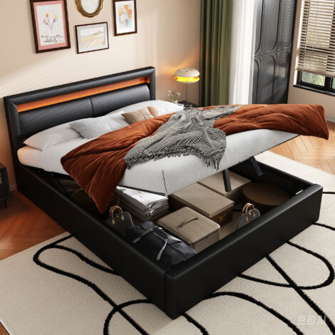 Doppelbett 140x190 cm, gepolstert mit gepolstertem Kopfteil und schwarzer Holztruhe mit Stauraum (Matratze nicht im Lieferumfang enthalten) (1/5)