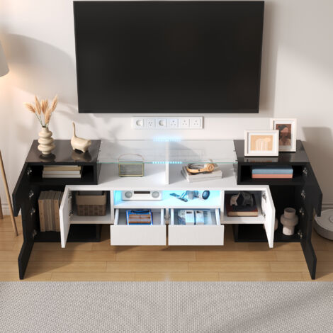 TV-Ständer 145 x 30 x 51 cm, modernes Design, LED-Beleuchtung, 4 Türen und 2 Schubladen, weißes und schwarzes MDF (1/5)