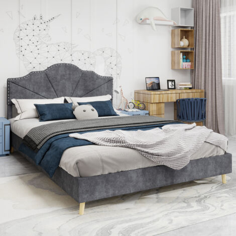 Lit double 140x200 cm tête de lit rembourrée design tissu et métal cadre bas gris (Sans matelas) (1/5)