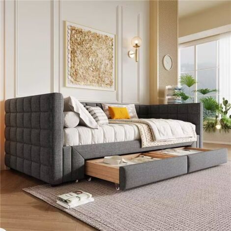 Kinderbett 90/180x200 cm quadratisches Schlafsofa mit Rückenlehne, ausziehbarem Bett, 2 Schubladen, graue Farbe (Matratze nicht enthalten)