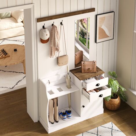 Porte manteaux 110.5x38x191cm avec miroir des crochets des tiroirs et un porte-parapluies blanc (1/5)