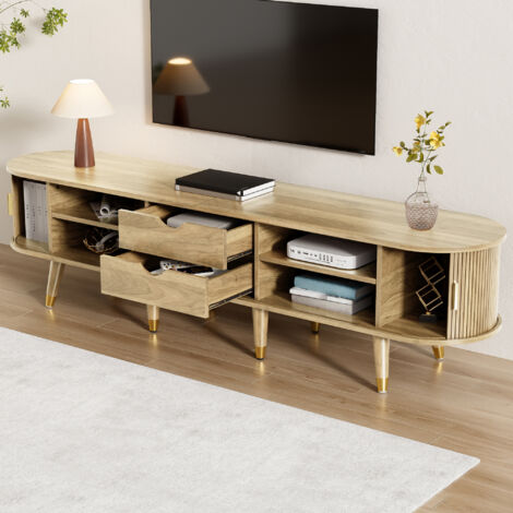 TV-Ständer 175 x 38 x 45 cm mit 2 Schiebetüren, 2 Schubladen, goldfarbenen Griffen, MDF in Naturfarbe (1/5)