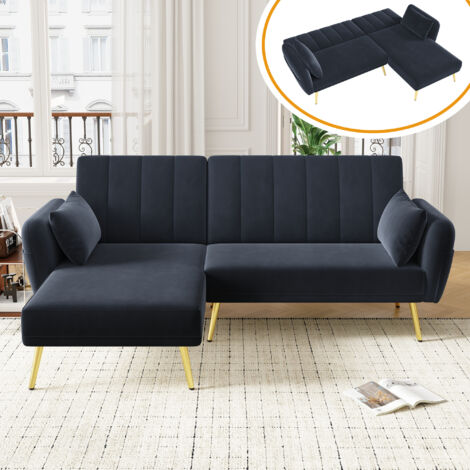 Ecksofa mit 3-fach verstellbarer Rückenlehne, wendbar, Samt, 191,5 x 130,5 x 80 cm, schwarz
